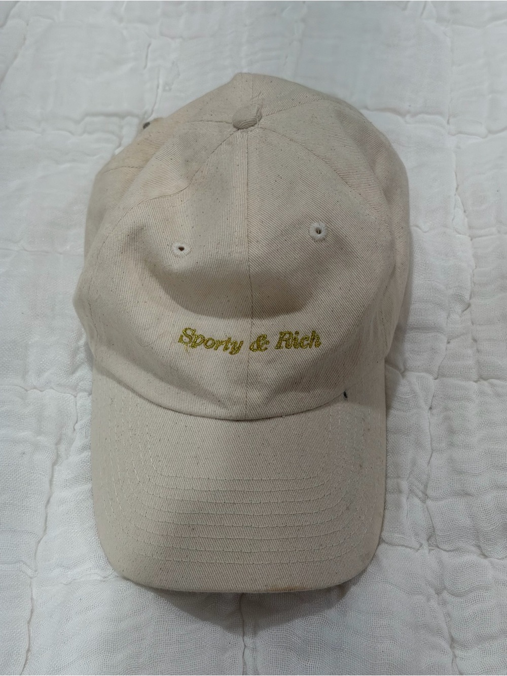 Women’s Sporty and Rich Baseball hat in cream with gold embroidery